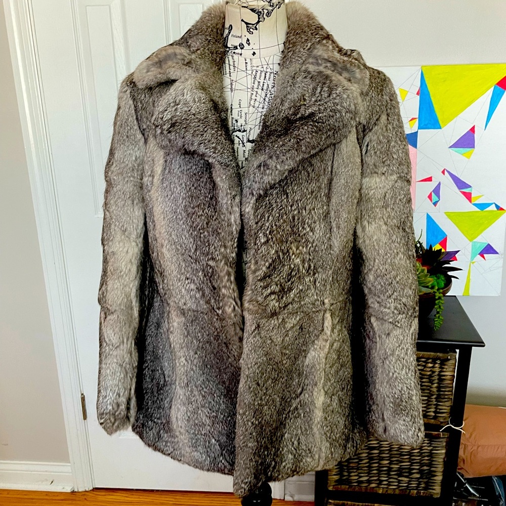 👹Real 100% Fur Chinchilla Coat Rabbit Jacket Winter neutral Color Puffy Teddy M